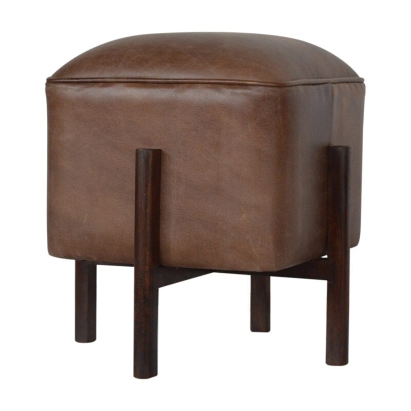 Solid Mango Wood Brown Leather Footstool with Four Walnut Finished Legs