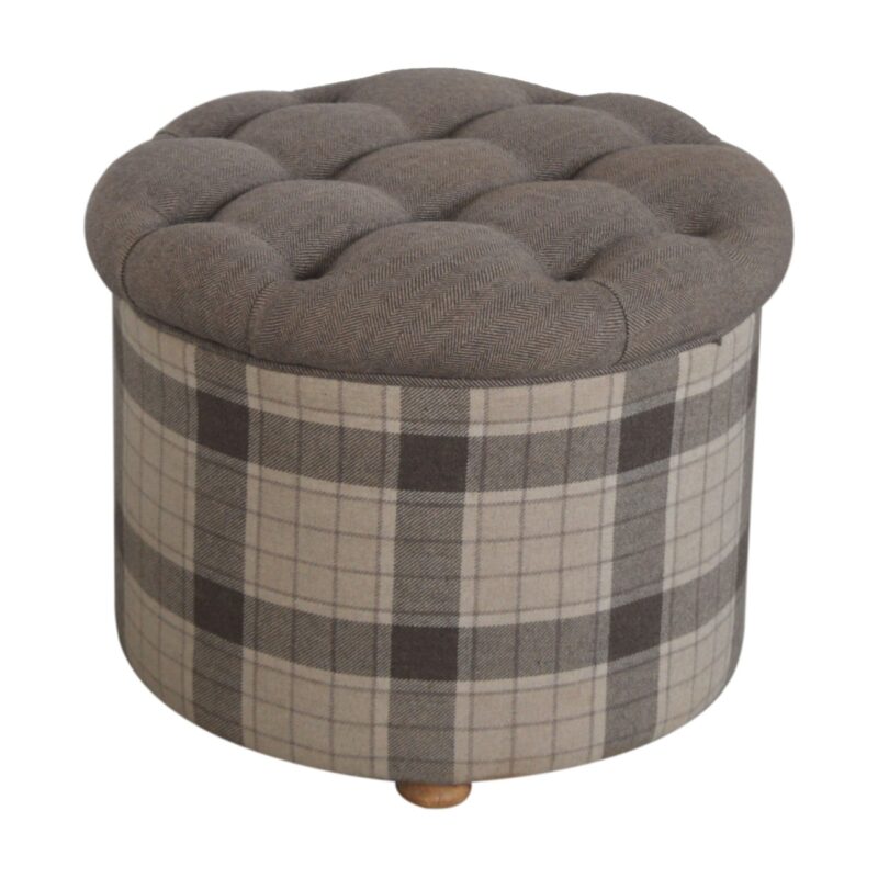 Solid Mango Wood Brown Checked Deep Button Mixed Tweed Top Pouffee
