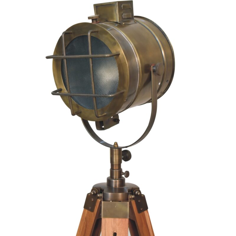 Solid Mango Wood Caged Brass Antique Tripod Fold Spotlight Floor Lamp