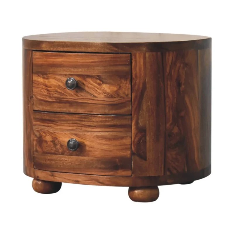 Solid Sheesham Honey Finished Wood 2 Drawer Bedside Table/Cabinet with Bun Feet - Image 10