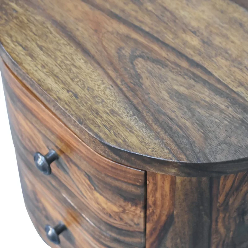 Solid Sheesham Honey Finished Wood 2 Drawer Bedside Table/Cabinet with Bun Feet - Image 7