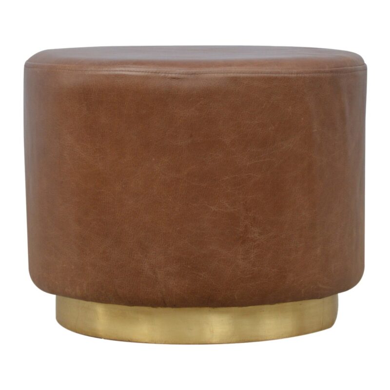 Solid Mango Wood Brown Buffalo Leather Footstool with Gold Painted Base Large Footstool