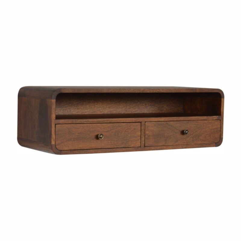 Solid Mango Wood Chestnut Finished Wall Mounted 2 Drawer 1 Shelf Console Table