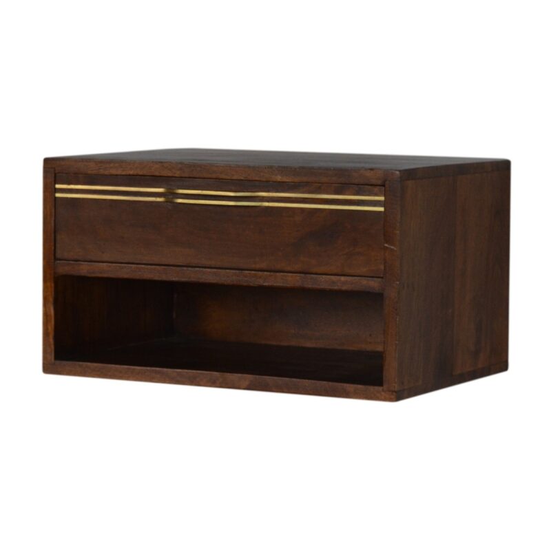 Solid Mango Wood Chestnut Finished Wall Mounted 1 Drawer 1 Shelf Brass Handle Bedside Table