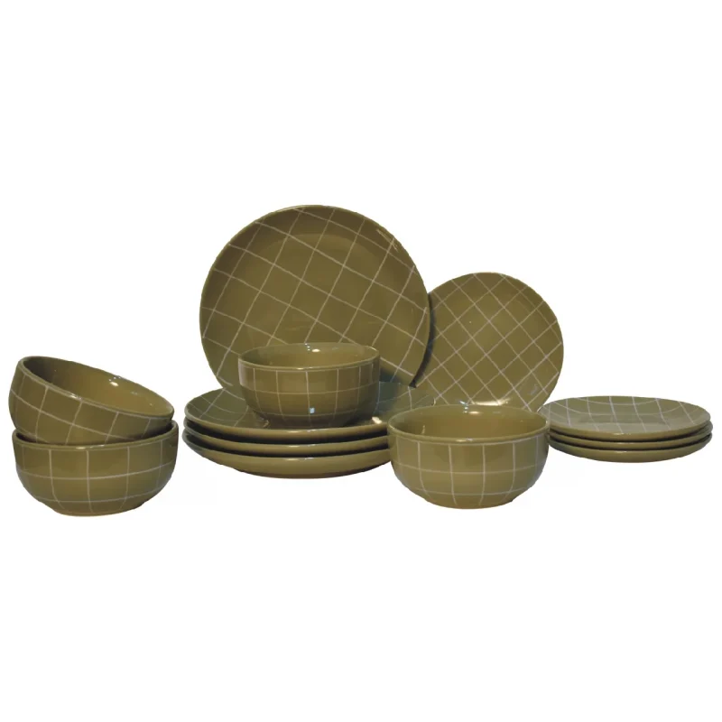 Solid Mango Set of 12 Dahlia Olive Green Dinner Service