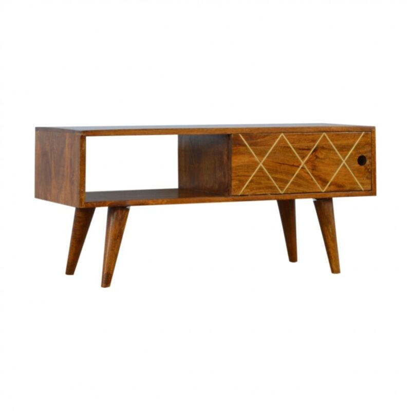 Solid Mango Wood Brass Inlay Chestnut Finished Sliding Door Scandinavian Legs Media Unit