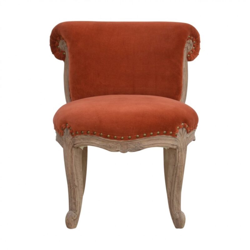 Solid Mango Wood Brick Red Velvet Studded Chair with Cabriole Legs
