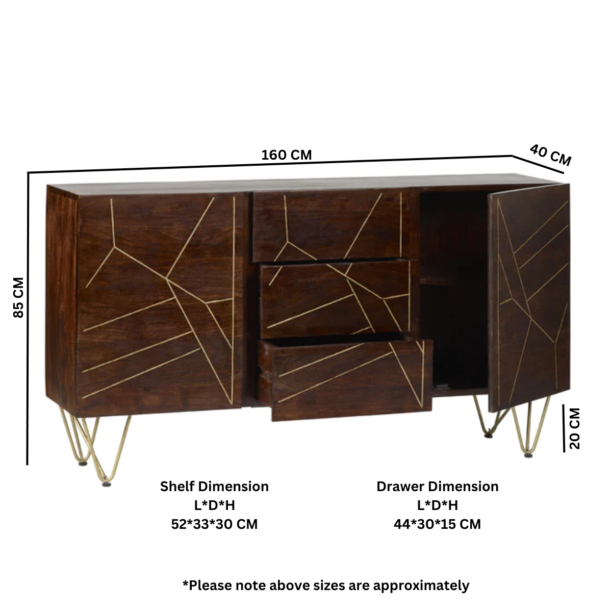 Dark Gold Extra Large Sideboard 3 Drawers and 2 Doors - Image 5
