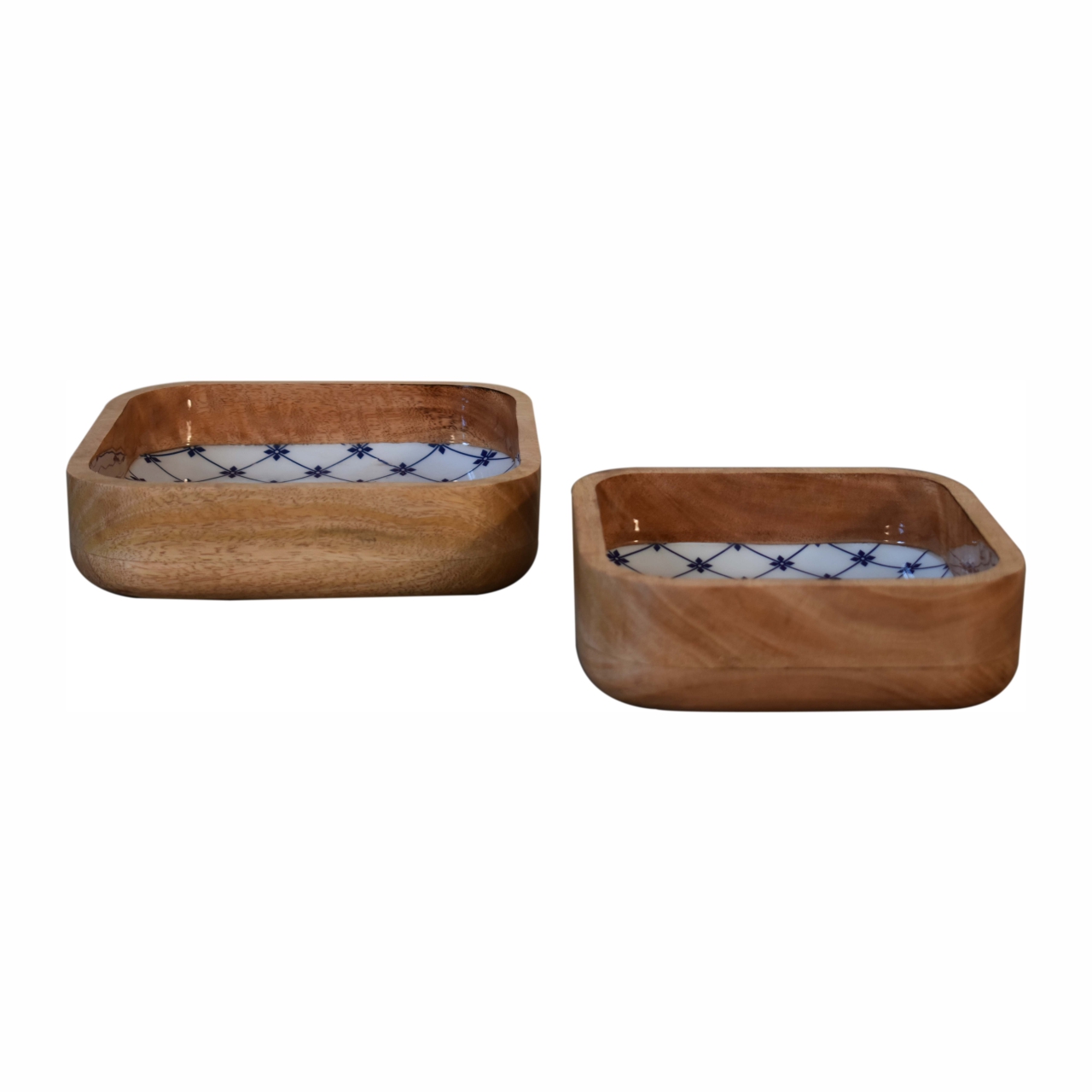 Mango Wood Blue and White Square Bowl Set of 2