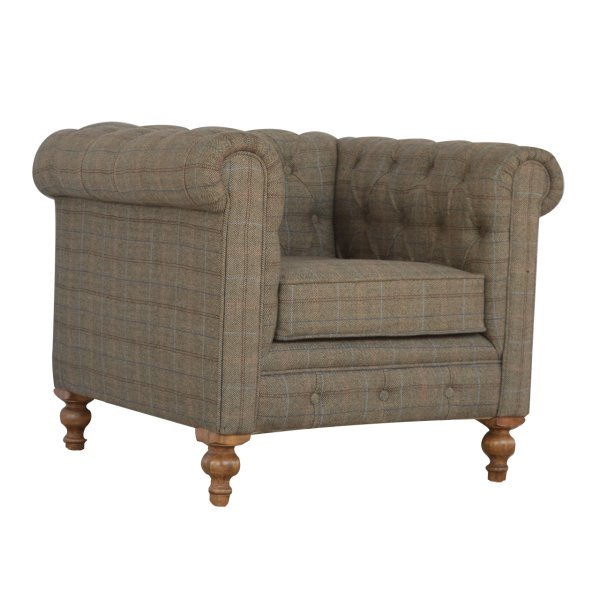 Solid Mango Wood Single Seater Chesterfield Multi Tweed Arm Chair