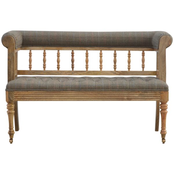 Solid Mango Wood French Style Carved Upholstered Check Tweed Bench