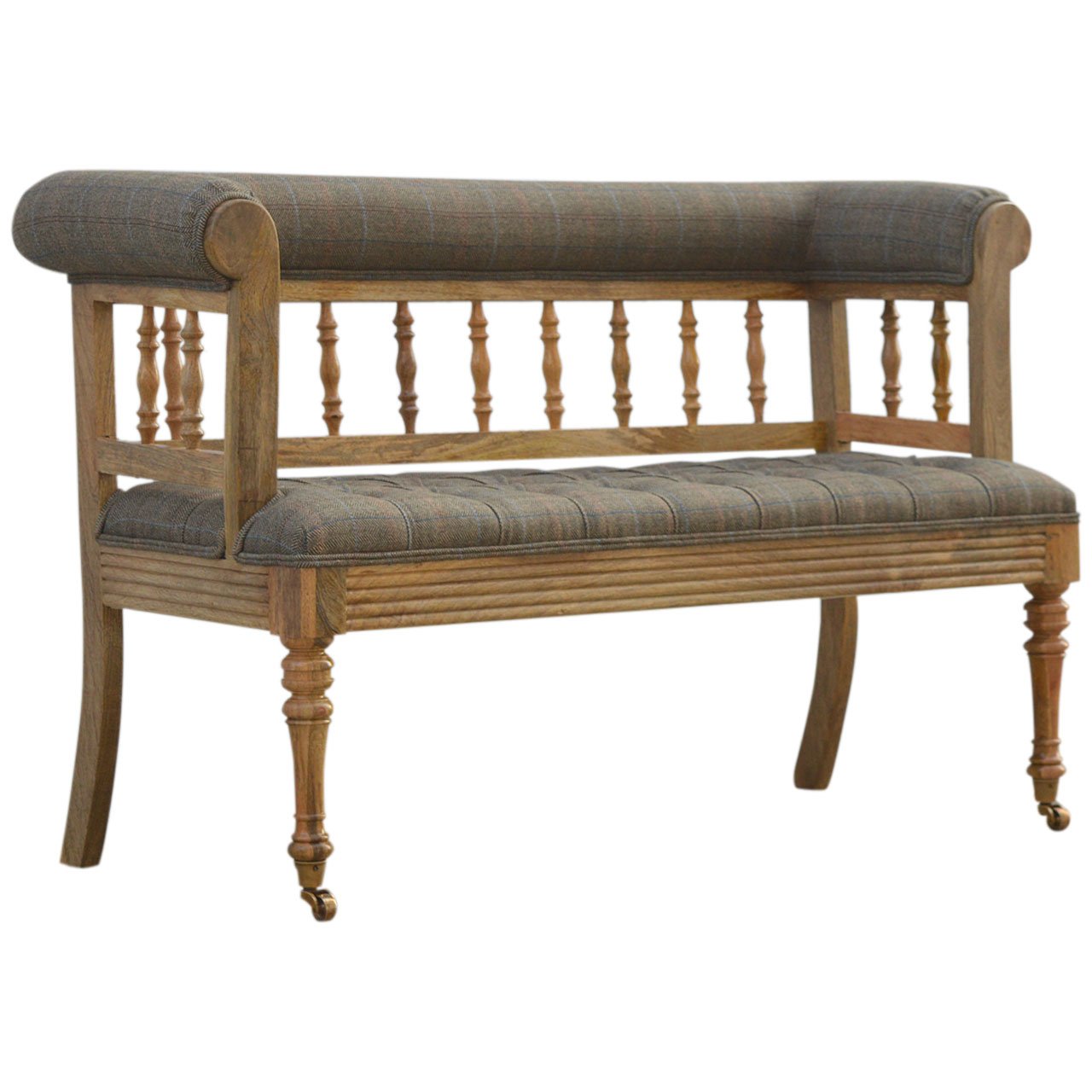 Solid Mango Wood French Style Carved Upholstered Check Tweed Bench - Image 2