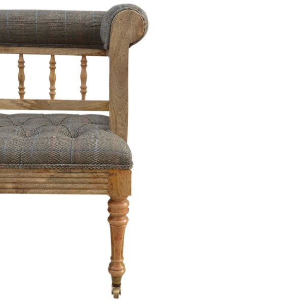 Solid Mango Wood French Style Carved Upholstered Check Tweed Bench - Image 5