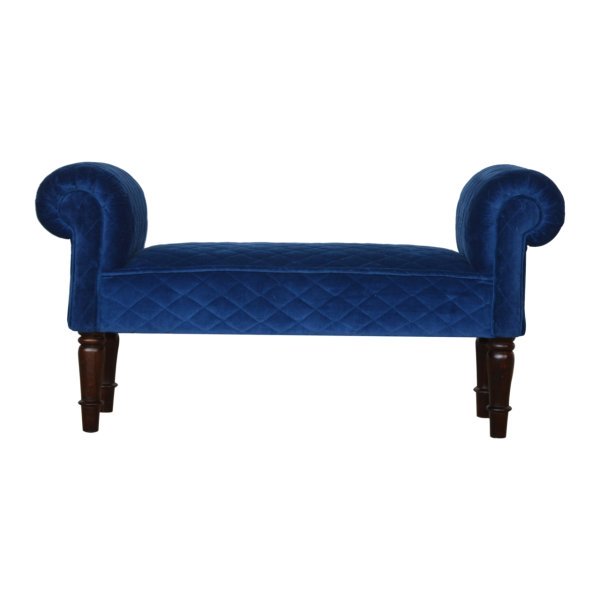 Solid Mango Wood Royal Blue Quilted Velvet Bench