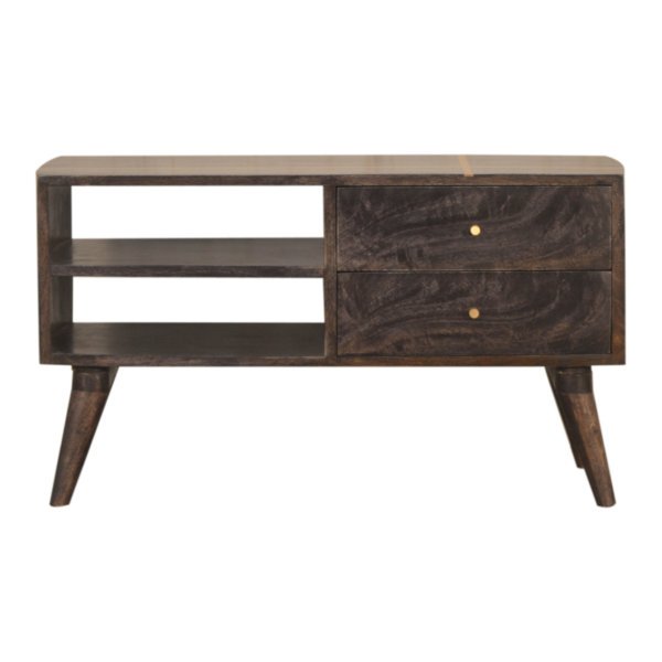Solid Mango Wood Ash Black Natural Wood Grain Finished Cairo 2 Drawer 2 Slot Media Unit with Scandinavian Legs