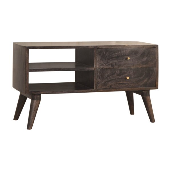 Solid Mango Wood Ash Black Natural Wood Grain Finished Cairo 2 Drawer 2 Slot Media Unit with Scandinavian Legs - Image 2