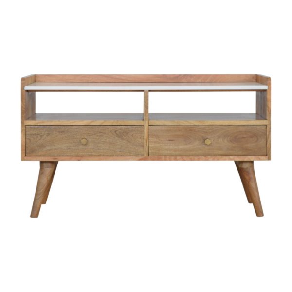 Solid Mango Wood Oak Finished White Topped Faux Marble 2 Drawer Scandinavian Style Media Unit
