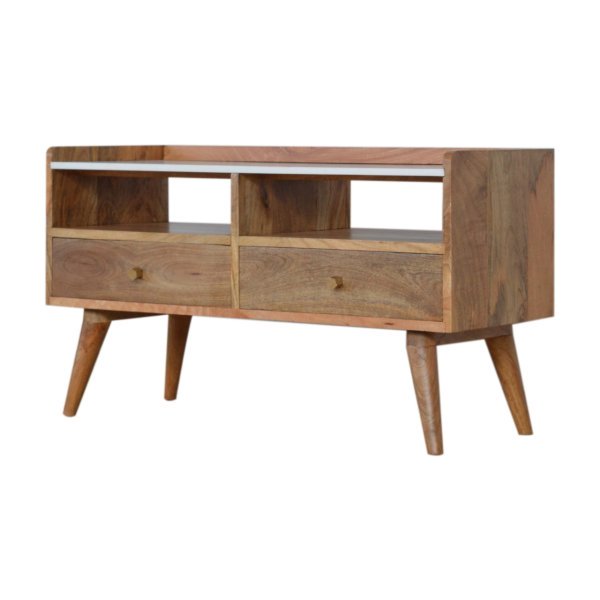 Solid Mango Wood Oak Finished White Topped Faux Marble 2 Drawer Scandinavian Style Media Unit - Image 3