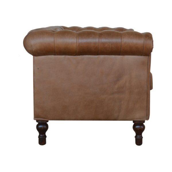 Solid Mango Wood Brown Leather Cushion Buttoned Chesterfield Two Seater Sofa with Walnut Finished Legs - Image 8