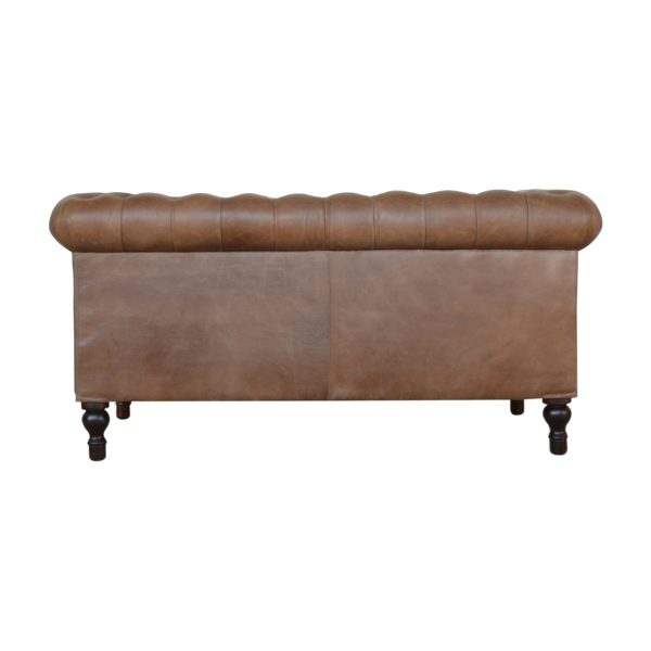 Solid Mango Wood Brown Leather Cushion Buttoned Chesterfield Two Seater Sofa with Walnut Finished Legs - Image 2