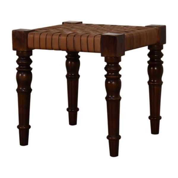 Solid Walnut Finished Mango Wood Leather Woven Stool with Turned Legs - Image 2