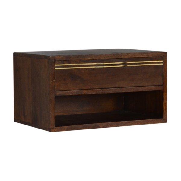 Solid Mango Wood Chestnut Finished Wall Mounted 1 Drawer 1 Shelf Brass Handle Bedside Table - Image 3