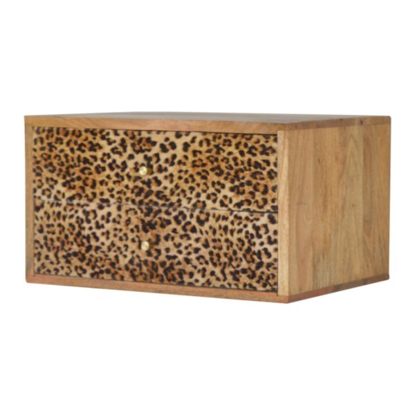 Solid Mango Wood Oak Finished Wall Mounted Leopard Print Front 2 Drawer 2 Brass Handle Bedside Table - Image 2