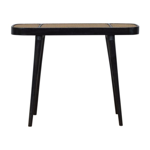 Solid Mango Wood Carbon Black Framed Rattan Topped Round Cornered Console Table