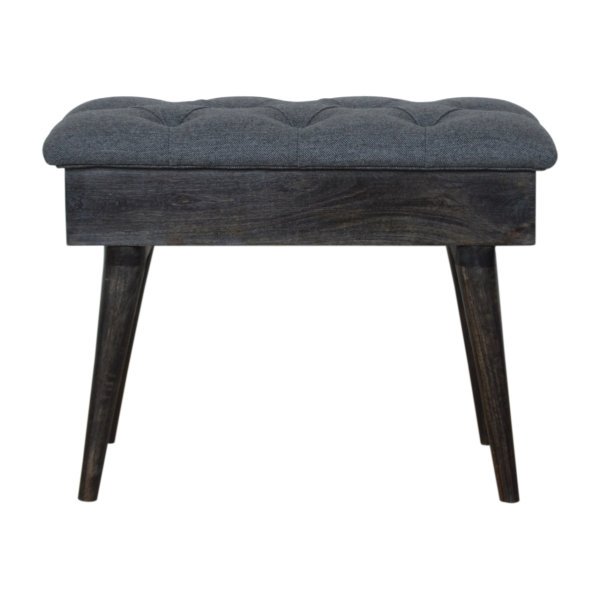 Solid Mango Wood Black Ash Finished Black Tweed Upholstered Lidded Bench