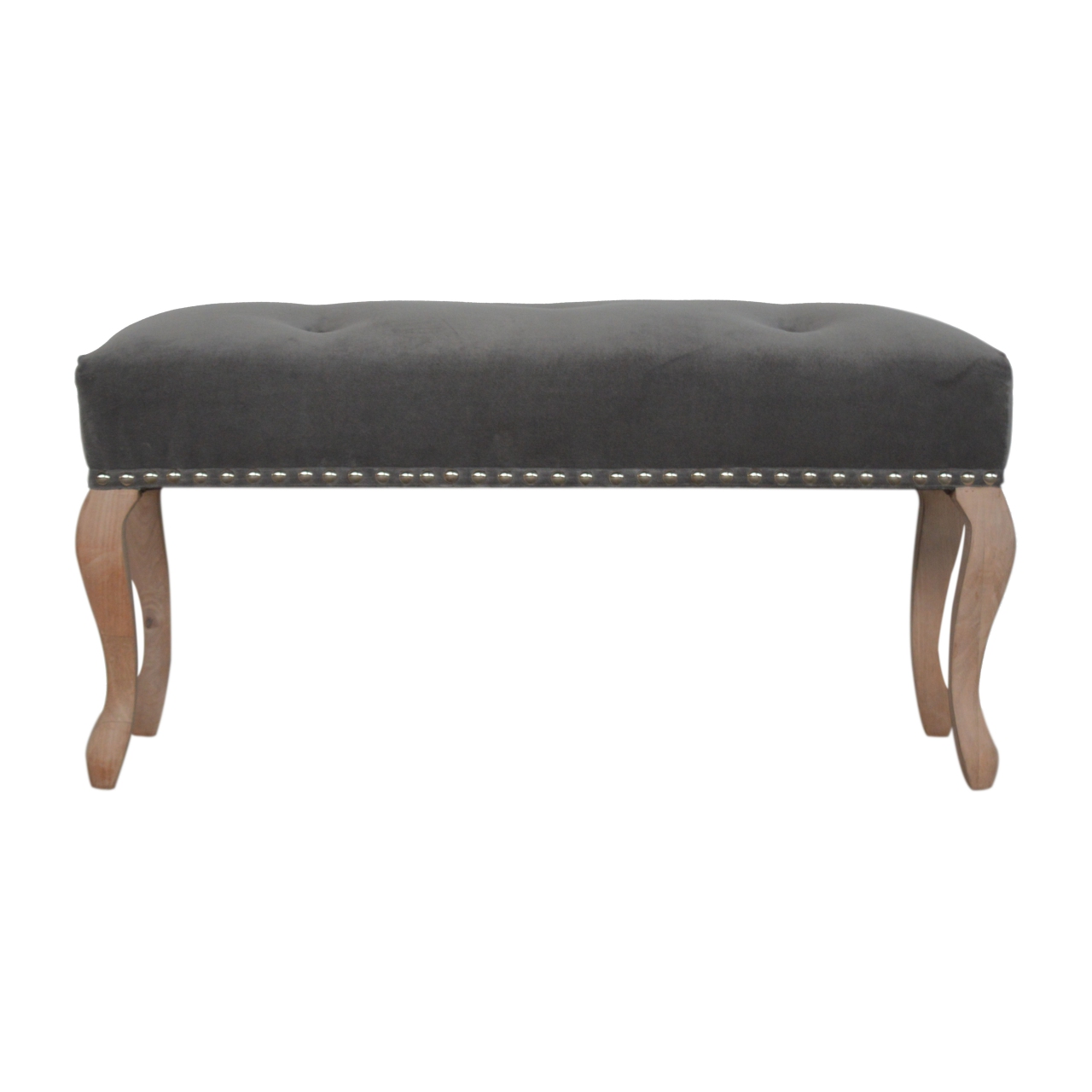 Solid Mango Wood French Style Grey Velvet Bench