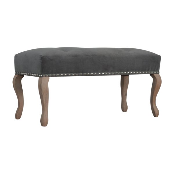 Solid Mango Wood French Style Grey Velvet Bench - Image 3