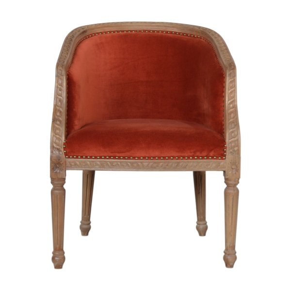 Solid Mango Wood N3 Oak Finished Wine Red Studded Cotton Velvet Bucket Chair