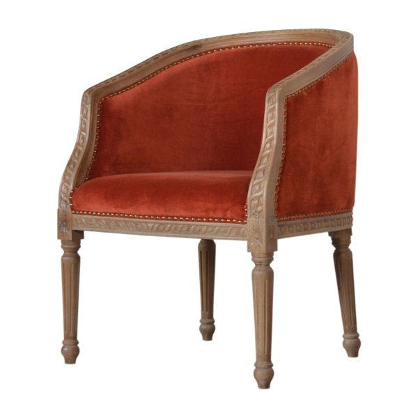 Solid Mango Wood N3 Oak Finished Wine Red Studded Cotton Velvet Bucket Chair - Image 2