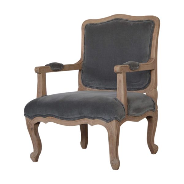Solid Mango Wood Sun Bleached Oak and Grey Cotton Velvet French Style Arm Chair - Image 3