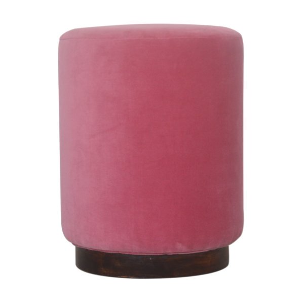 Solid Mango Wood Walnut Finished Pink Cotton Velvet Cylindrical Footstool with Wooden Base