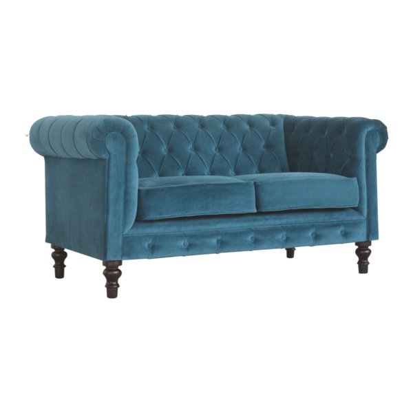 Solid Mango Wood Chestnut Finished 2 Seater Teal Cotton Velvet Deep Button Tufted Chesterfield Sofa - Image 2
