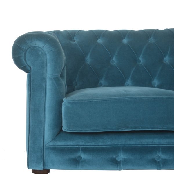 Solid Mango Wood Chestnut Finished 2 Seater Teal Cotton Velvet Deep Button Tufted Chesterfield Sofa - Image 3