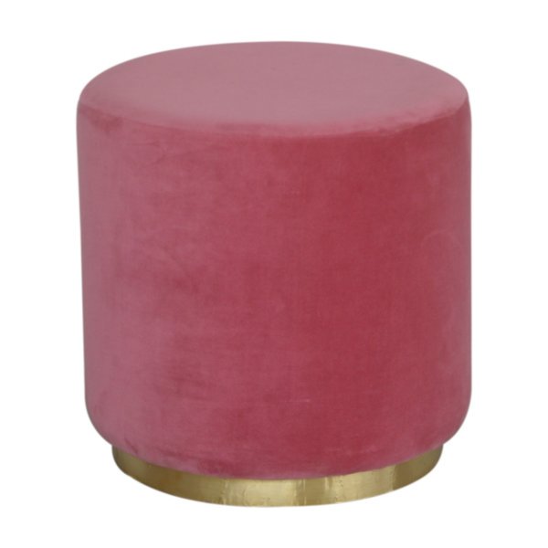 Solid Mango Wood Pink Cotton Velvet with Gold Painted Base Large Footstool - Image 6