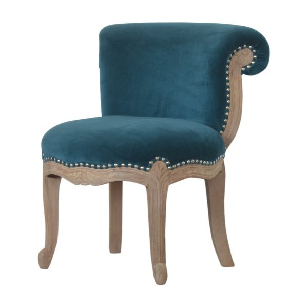 Solid Mango Wood Oak Finished Teal Cotton Velvet Studded Chair - Image 2