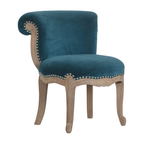Solid Mango Wood Oak Finished Teal Cotton Velvet Studded Chair - Image 3
