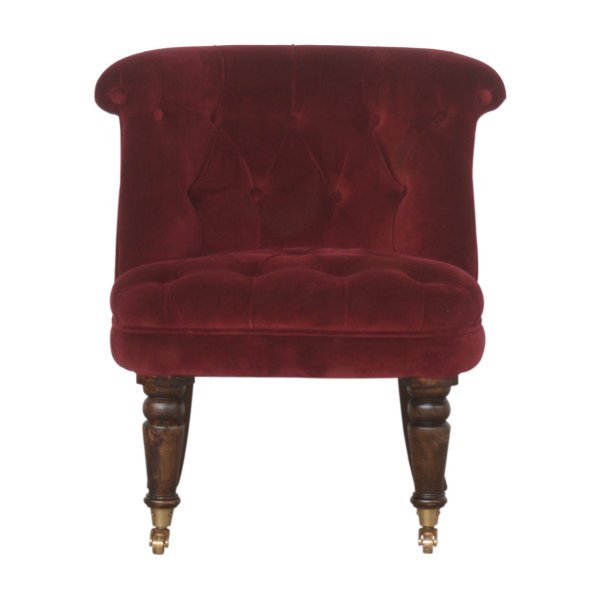 Solid Mango Wood Walnut Stained Wine Red Velvet Accent Chair