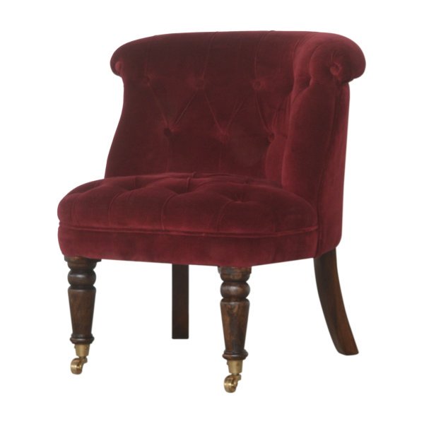Solid Mango Wood Walnut Stained Wine Red Velvet Accent Chair - Image 2