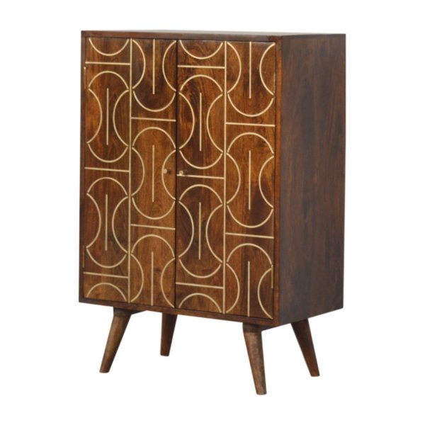Solid Mango Wood Chestnut Finished with Brass Inlay Pattern 3 Shelf 1 Drawer Abstract Cabinet with Scandinavian Legs - Image 2