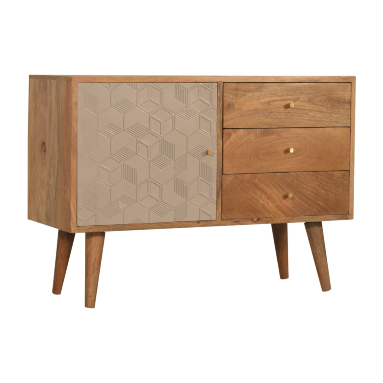 Solid Mango Wood Oak Finished Champagne Cube Design 3 Drawer 2 Shelf Acadia Cabinet with Scandinavian Legs - Image 2