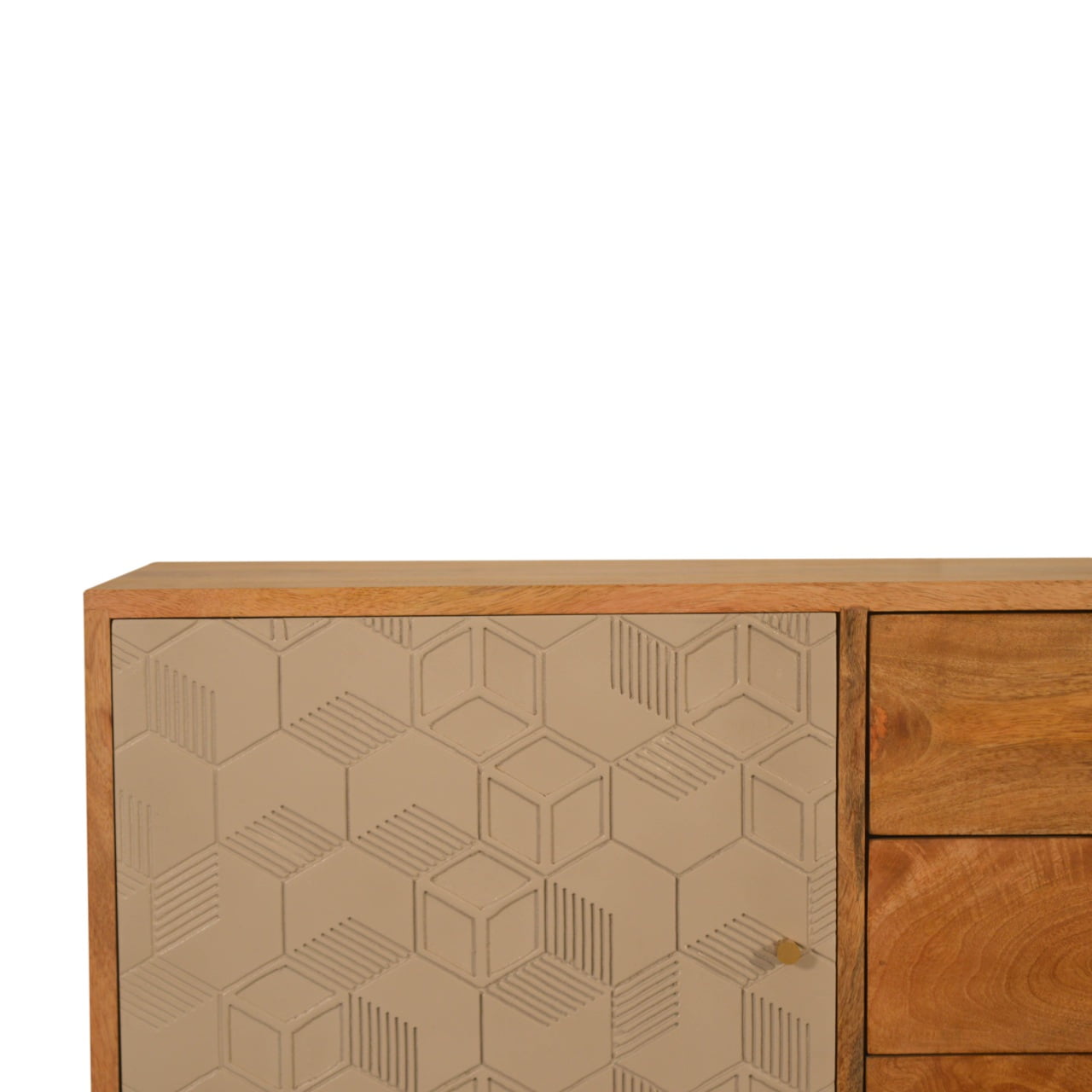 Solid Mango Wood Oak Finished Champagne Cube Design 3 Drawer 2 Shelf Acadia Cabinet with Scandinavian Legs - Image 4