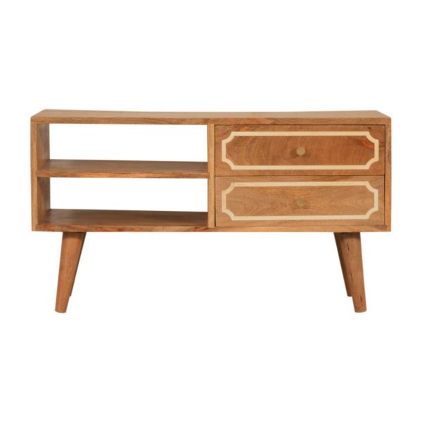 Solid Mango Wood Oak Finished Bone Inlaid Nepal 2 Drawer 2 Shelf TV/Media Unit with Scandinavian Legs
