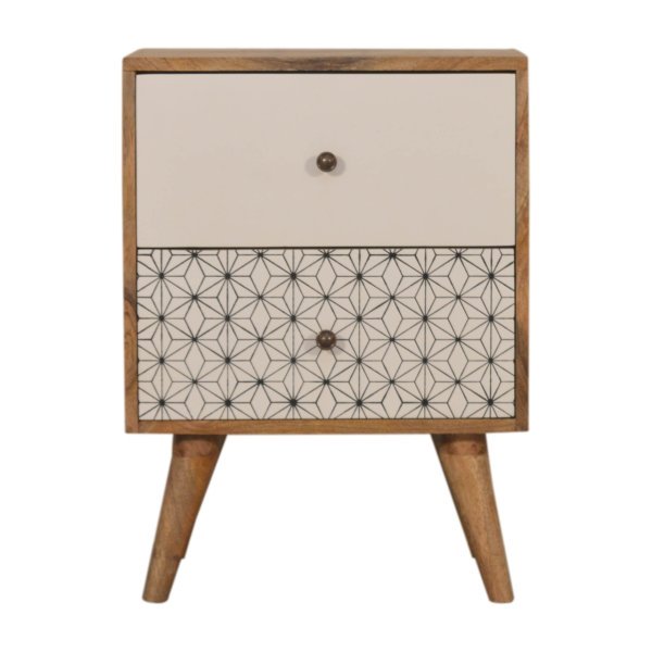 Solid Mango Wood Geo Screen Printed 2 Tone Bedside