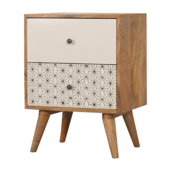 Solid Mango Wood Geo Screen Printed 2 Tone Bedside - Image 2