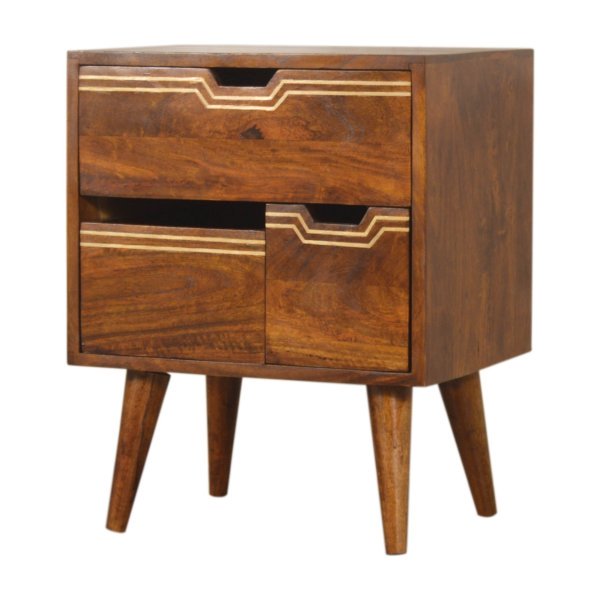 Solid Mango Wood Chestnut Finished Brass Inlaid 3 Removable Drawer Bedside with Scandinavian Legs - Image 2