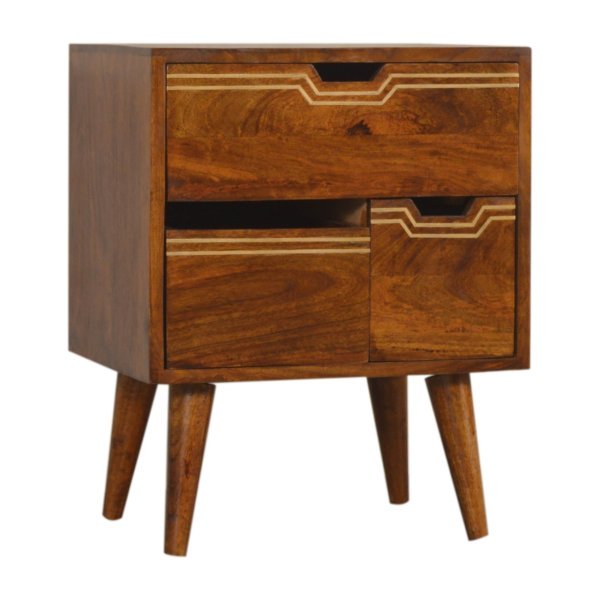 Solid Mango Wood Chestnut Finished Brass Inlaid 3 Removable Drawer Bedside with Scandinavian Legs - Image 3